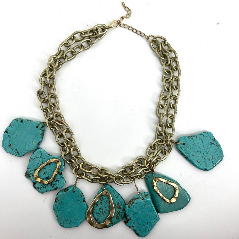 Vintage Artisan Turquoise Stone Slab And Gold Tone Chunky Necklace View 6